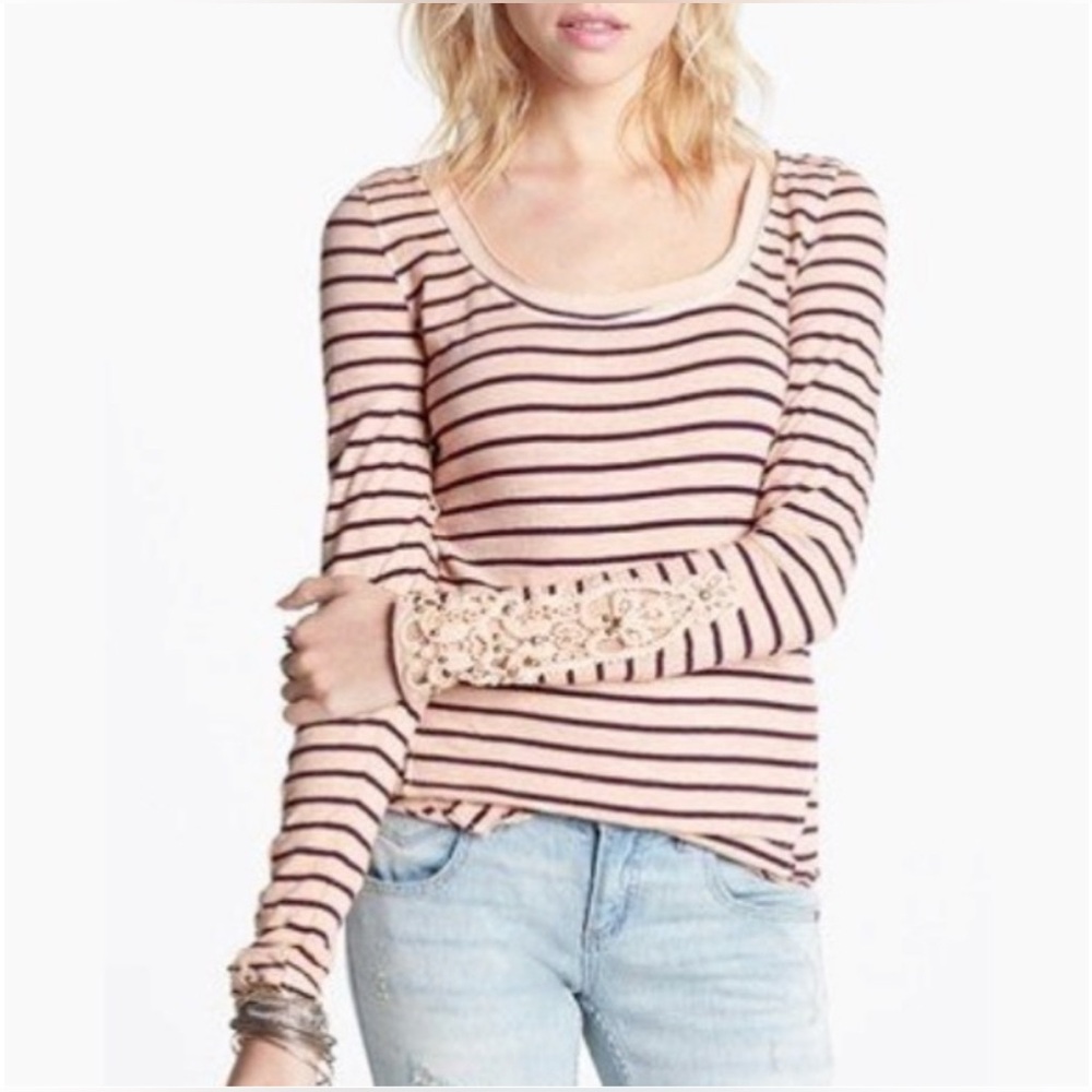 Free People Hard Candy Henley Crochet Cuff Pink Peach Maroon Stripes Sz M - Picture 10 of 10